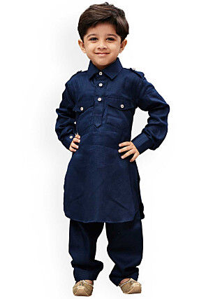 Solid Color Dupion Silk Kurta Set in Navy Blue