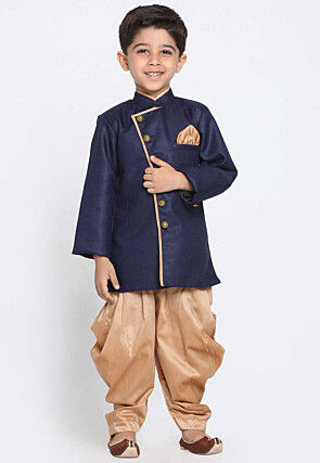Solid Color Dupion Silk Kurta Set in Navy Blue