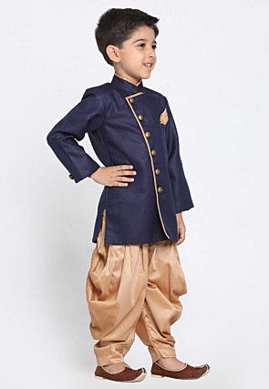 Solid Color Dupion Silk Kurta Set in Navy Blue