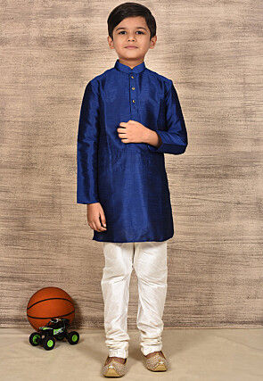 Solid Color Dupion Silk Kurta Set in Navy Blue
