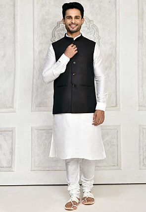 Solid Color Dupion Silk Kurta Set in Off White and Black