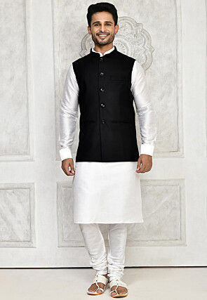 Solid Color Dupion Silk Kurta Set in Off White and Black