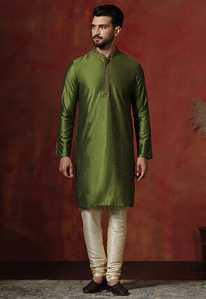 Embroidered Collar Dupion Silk Kurta Set in Olive Green