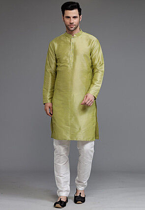Solid Color Dupion Silk Kurta Set in Olive Green