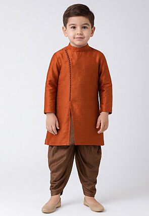 Solid Color Dupion Silk Kurta Set in Orange