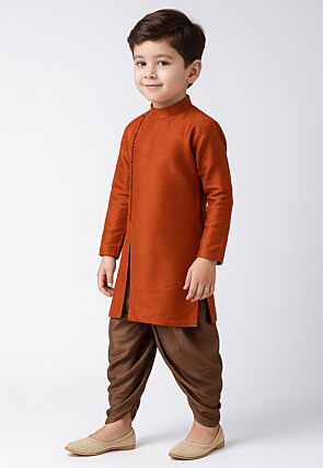 Solid Color Dupion Silk Kurta Set in Orange