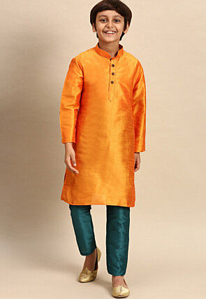 Solid Color Dupion Silk Kurta Set in Orange