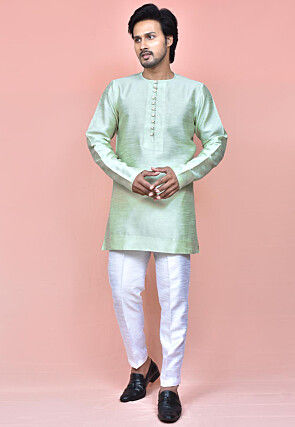 Solid Color Dupion Silk Kurta Set in Pastel Green