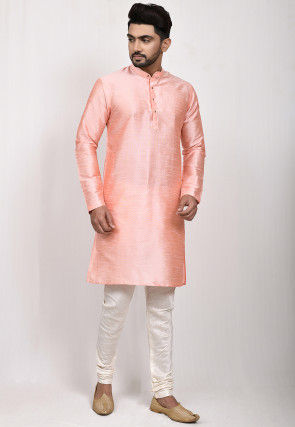 Solid Color Dupion Silk Kurta Set in Peach