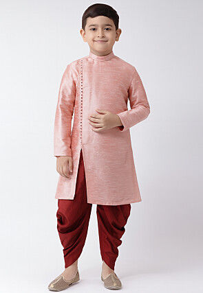 Solid Color Dupion Silk Kurta Set in Peach