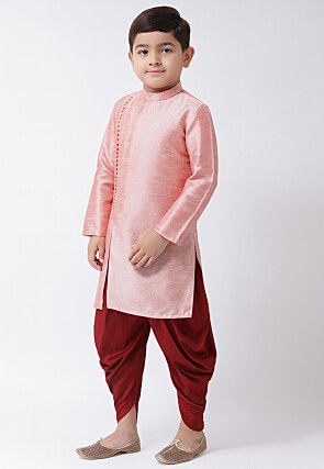 Solid Color Dupion Silk Kurta Set in Peach
