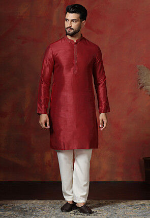 Embroidered Collar Dupion Silk Kurta Set in Red