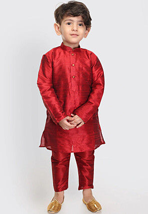 Solid Color Dupion Silk Kurta Set in Red