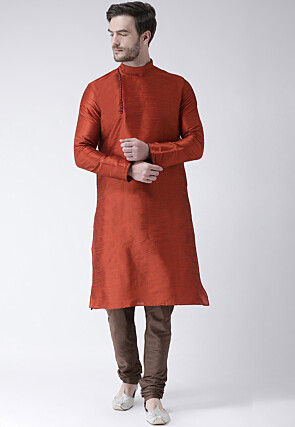 Solid Color Dupion Silk Kurta Set in Rust