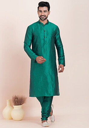Solid Color Dupion Silk Kurta Set in Teal Blue