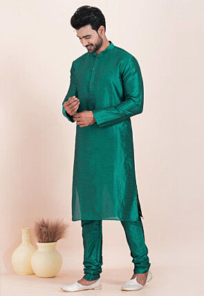 Solid Color Dupion Silk Kurta Set in Teal Blue