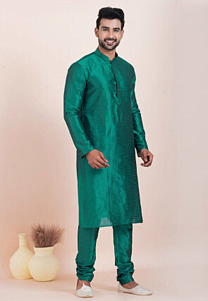 Solid Color Dupion Silk Kurta Set in Teal Blue
