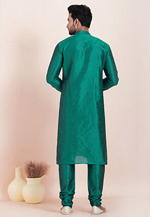 Solid Color Dupion Silk Kurta Set in Teal Blue