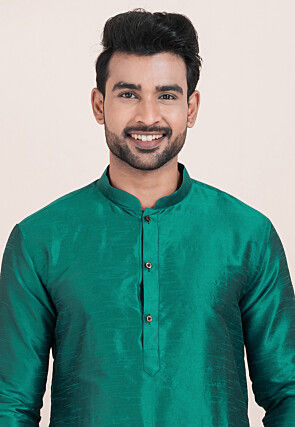 Solid Color Dupion Silk Kurta Set in Teal Blue