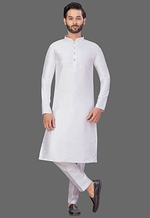 Solid Color Dupion Silk Kurta Set in White