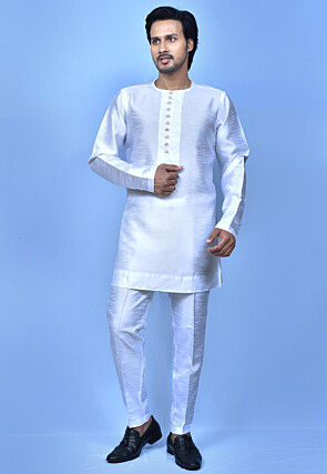 Solid Color Dupion Silk Kurta Set in White