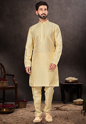 Solid Color Dupion Silk Kurta Set in Yellow