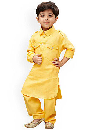 Solid Color Dupion Silk Kurta Set in Yellow