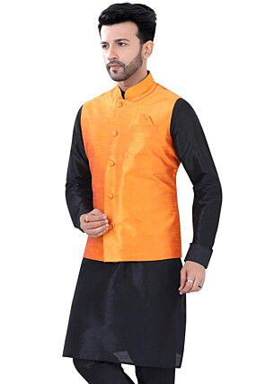 Black kurta pajama with orange jacket shop