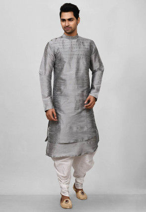 Solid Color Dupion Silk Layered Dhoti Kurta in Grey