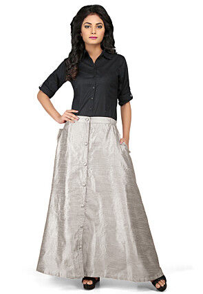 Solid Color Dupion Silk Long Skirt in Grey
