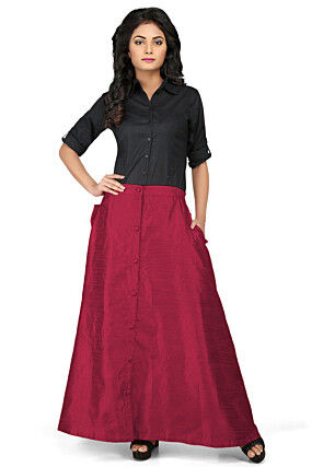 Solid Color Dupion Silk Long Skirt in Magenta