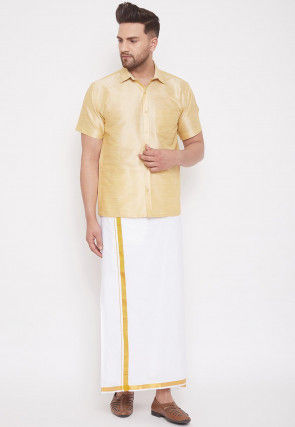 Solid Color Dupion Silk Mundu Shirt in Light Beige and White