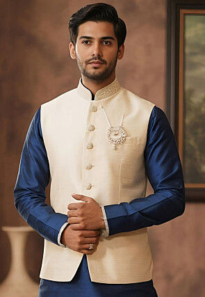 Solid Color Dupion Silk Nehru Jacket in Cream