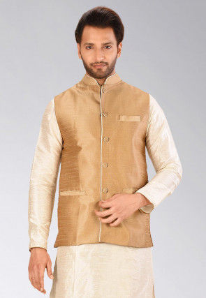 Solid Color Dupion Silk Nehru Jacket in Dark Beige