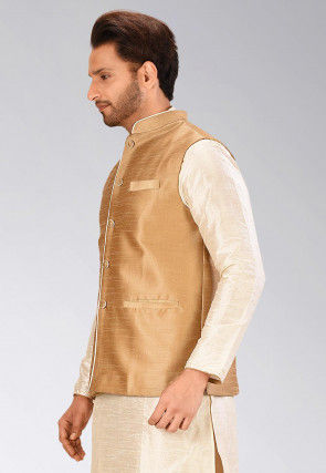 Solid Color Dupion Silk Nehru Jacket in Dark Beige