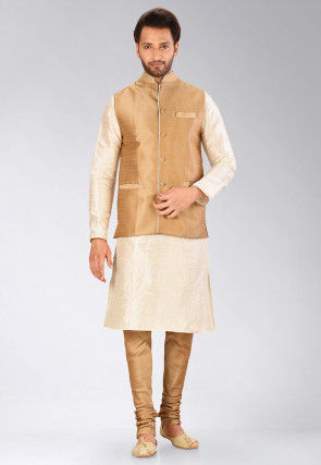 Solid Color Dupion Silk Nehru Jacket in Dark Beige