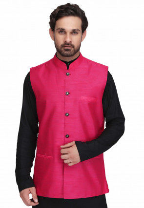Solid Color Dupion Silk Nehru Jacket in Fuchsia