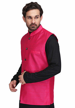 Solid Color Dupion Silk Nehru Jacket in Fuchsia