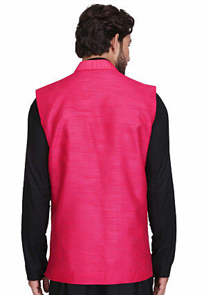 Solid Color Dupion Silk Nehru Jacket in Fuchsia