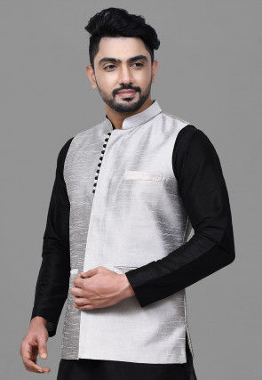 Solid Color Dupion Silk Nehru Jacket in Grey