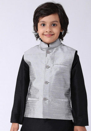Solid Color Dupion Silk Nehru Jacket in Grey