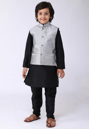 Solid Color Dupion Silk Nehru Jacket in Grey