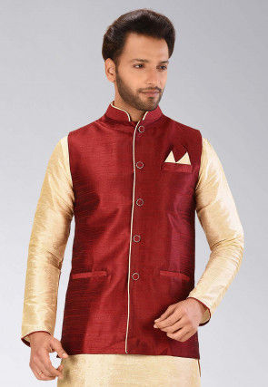 Solid Color Dupion Silk Nehru Jacket in Maroon