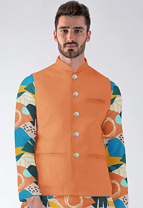 Solid Color Dupion Silk Nehru Jacket in Orange