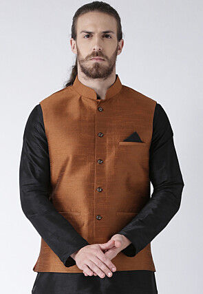 Solid Color Dupion Silk Nehru Jacket in Rust