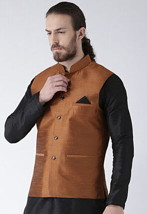 Solid Color Dupion Silk Nehru Jacket in Rust