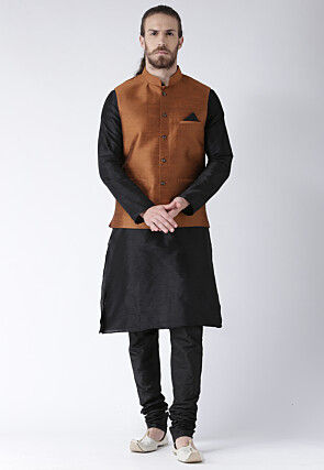 Solid Color Dupion Silk Nehru Jacket in Rust
