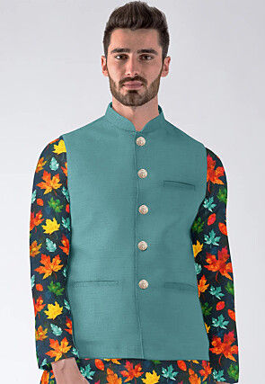 Solid Color Dupion Silk Nehru Jacket in Sky Blue