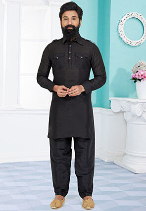 Solid Color Dupion Silk Paithani Suit in Black
