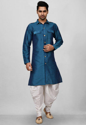 Solid Color Dupion Silk Pathani Suit in Teal Blue